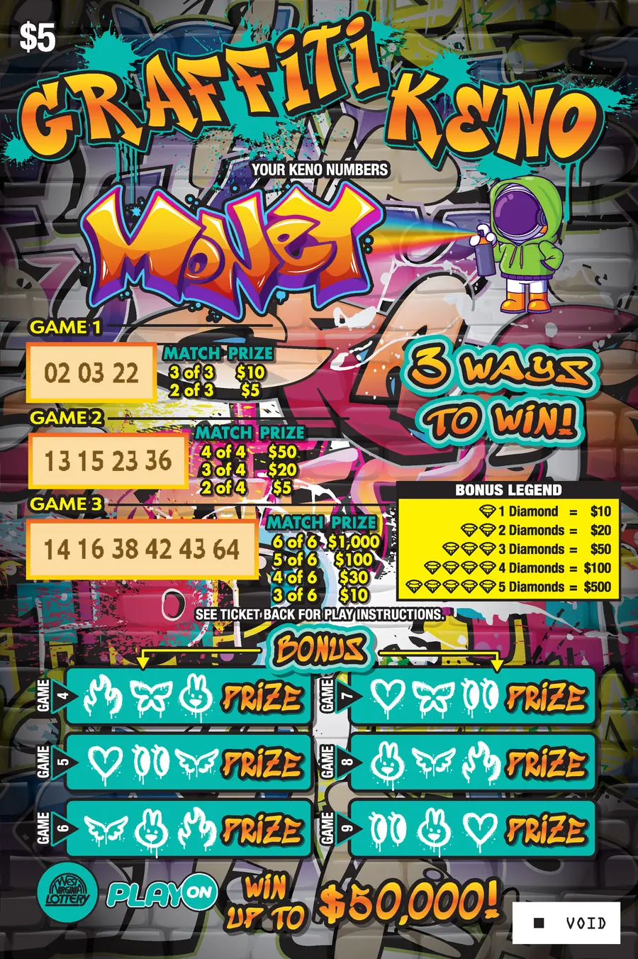 PICKLE-GRAFFITI-BOW WOW-JALAPENO KENO West Virginia scratch-off ticket