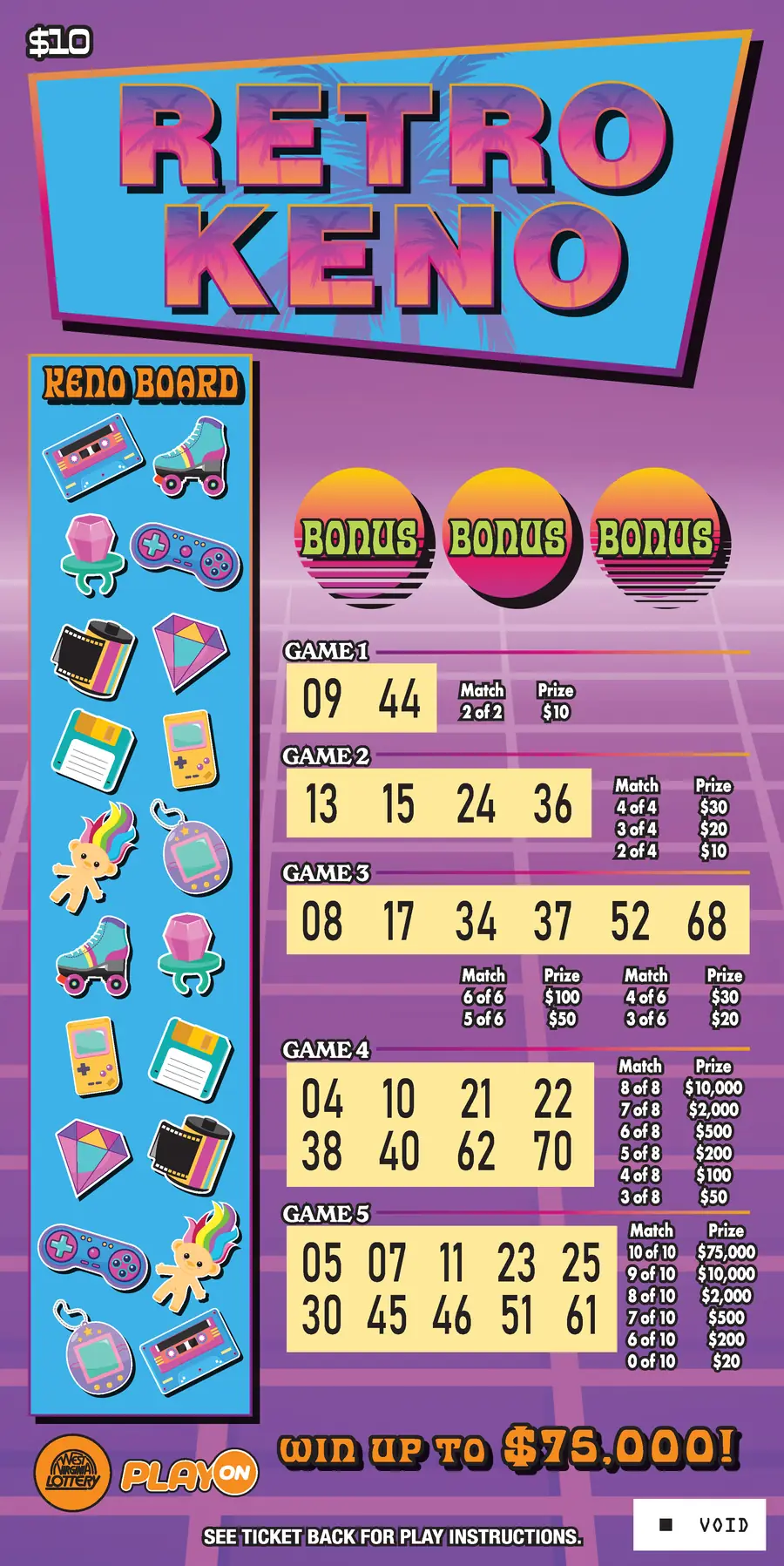 RETRO-BLACK-DUCK-ELECTRIC KENO West Virginia scratch-off ticket